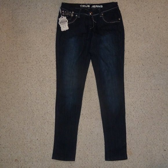 TRUE JEANS Dark Wash Denim, Straight Leg, Embellished, Rhinestones, Size 9 NWT - Picture 2 of 13